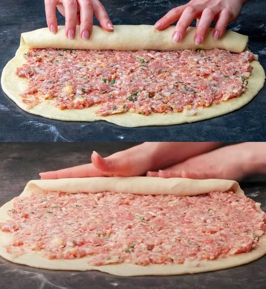 Backe ich jede WOCHE, Teig eingerollt mit Hackfleisch in 10 Minuten im Ofen