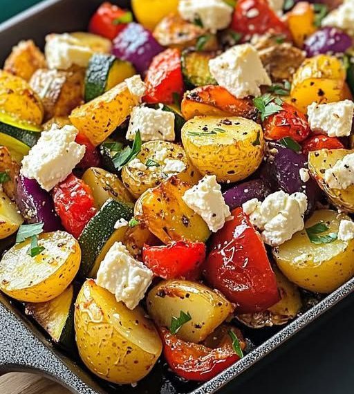 Knusprige Feta-Kartoffeln mit Ofengemüse