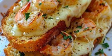 Knoblauchbrot mit Garnelen und Käse