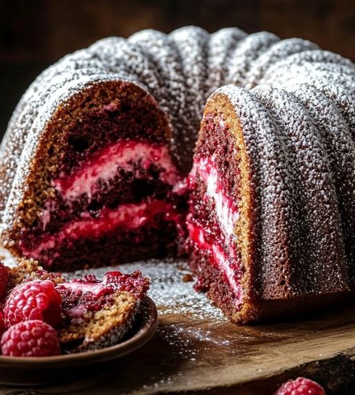Schoko Gugelhupf mit 120 g Himbeeren, blitzschnell zubereitet!