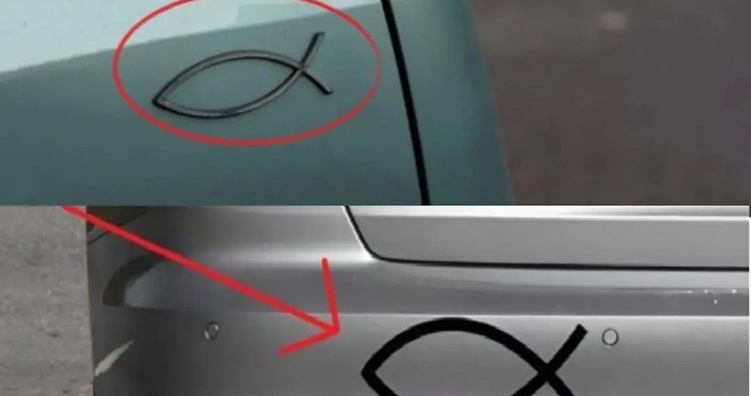 Was bedeutet das kleine fischförmige Symbol, das man auf der Rückseite mancher Autos sieht, und wozu wird es verwendet?